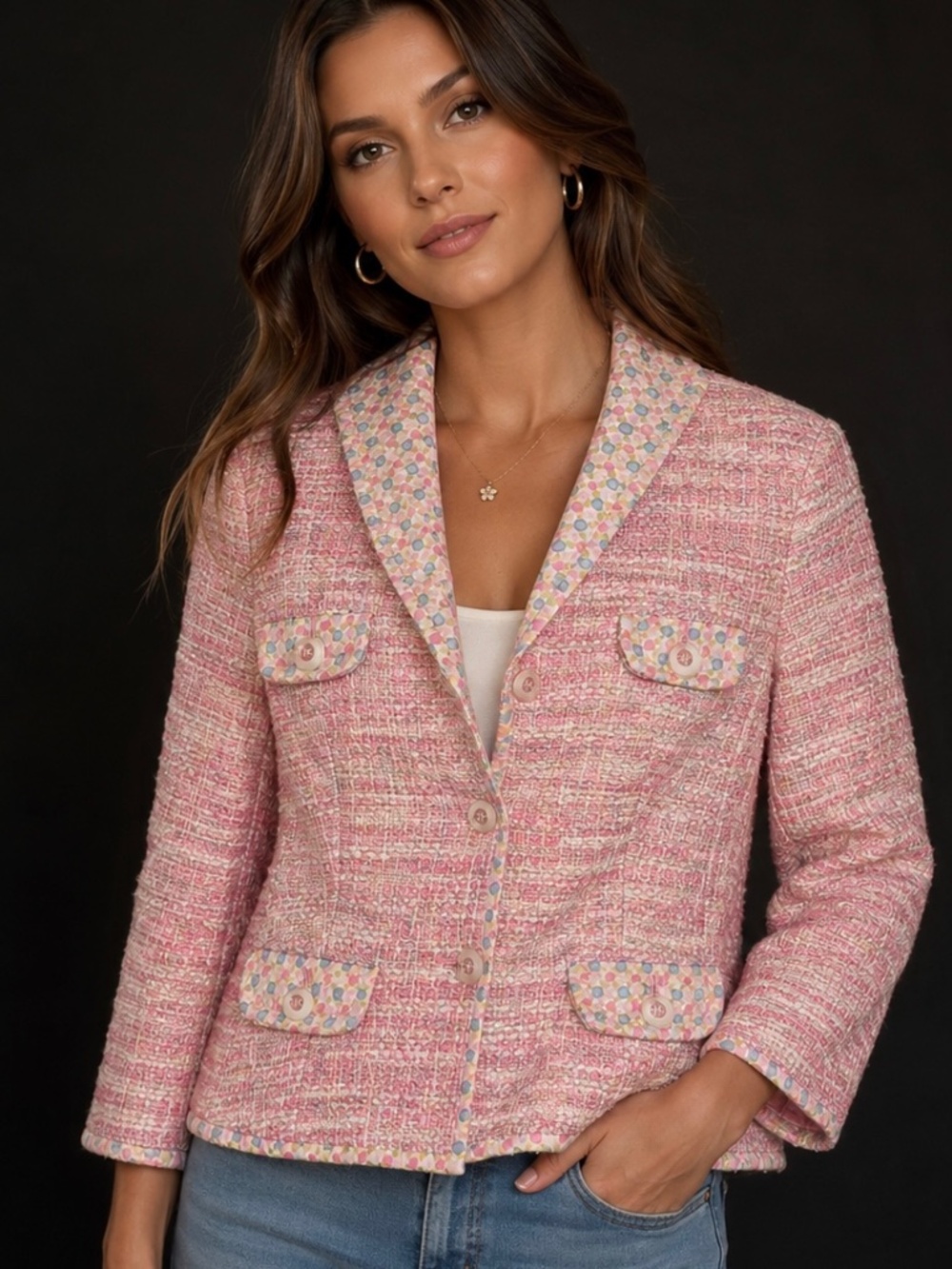 Sigrid Olsen pink, tweed jacket with polka dot trim.
